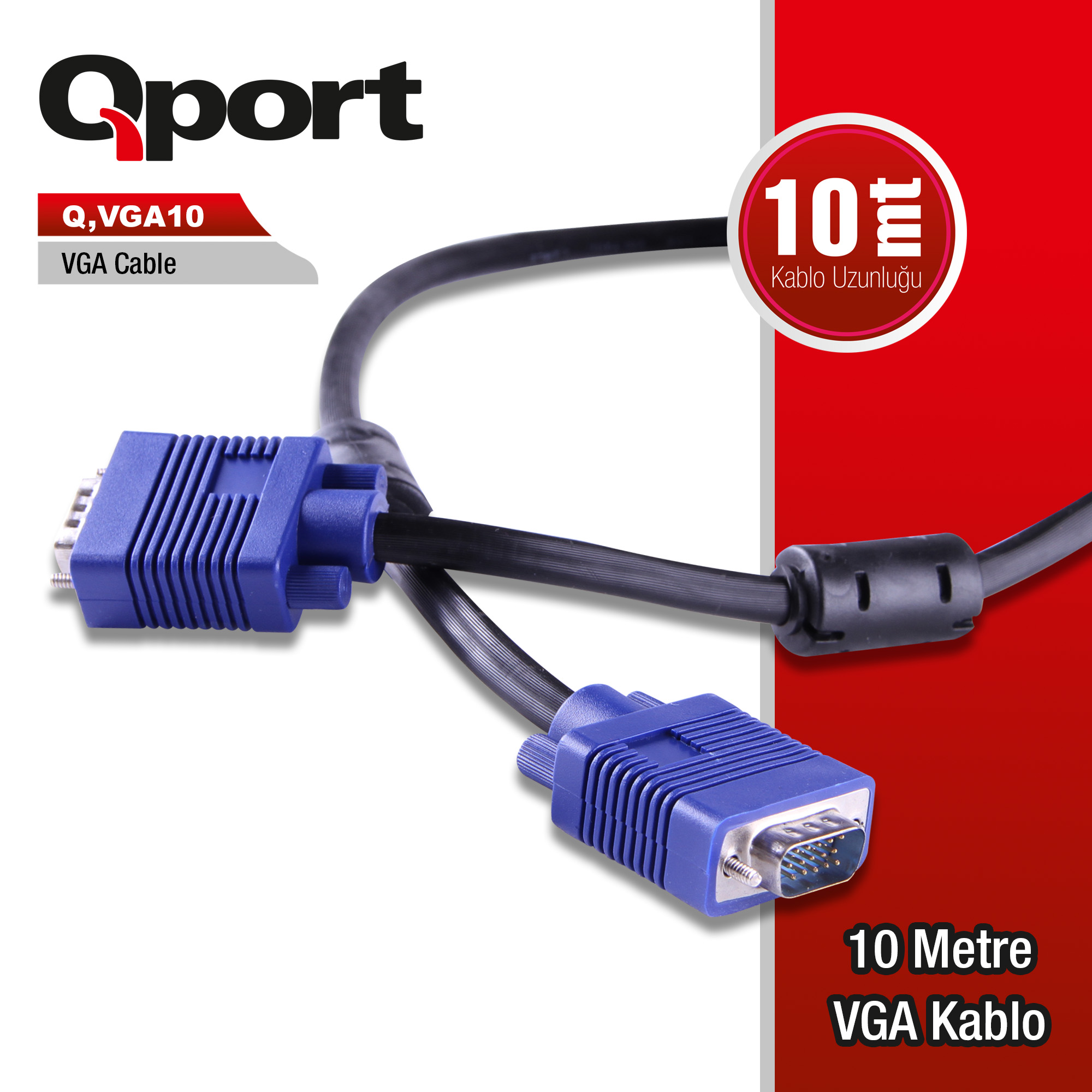 Qport 10 Metre 15Pin Filtreli VGA Monitör Kablosu (Q-VGA10) - Q-VGA10