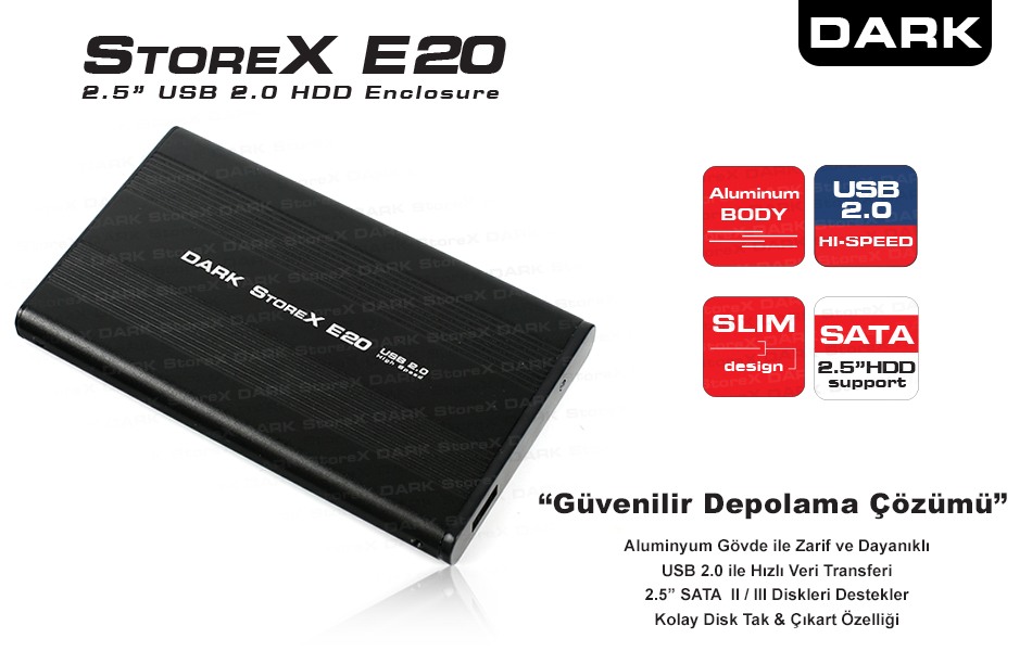 Dark Storex E20 2.5" USB 2.0 Alüminyum SATA Disk Kutusu [DK-AC-DSE20] - DK-AC-DSE20