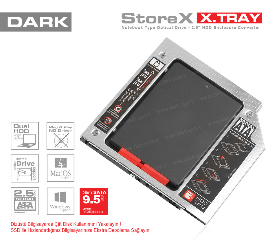 Dark Storex 9.5mm NB Optik Sürücü 2.5" HDD Yuva Dönüştürücü [DK-AC-DSOSD09] - DK-AC-DSOSD09