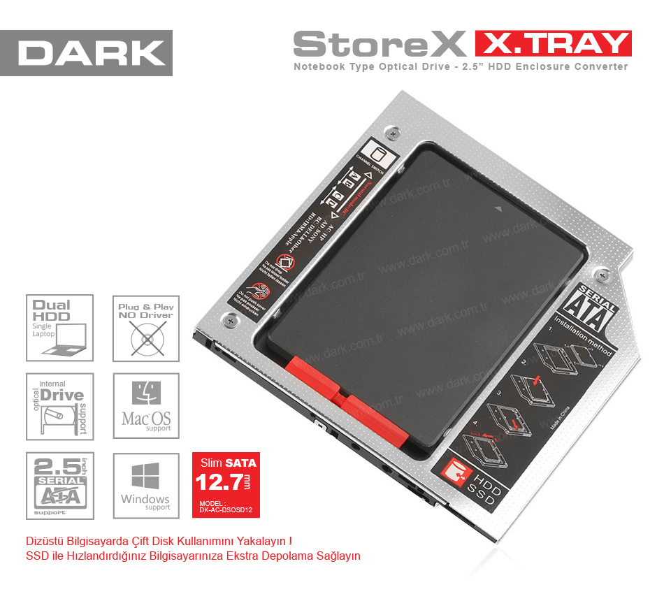 Dark Storex 12.7mm NB Optik Sürücü 2.5" HDD Yuva Dönüştürücü [DK-AC-DSOSD12] - DK-AC-DSOSD12
