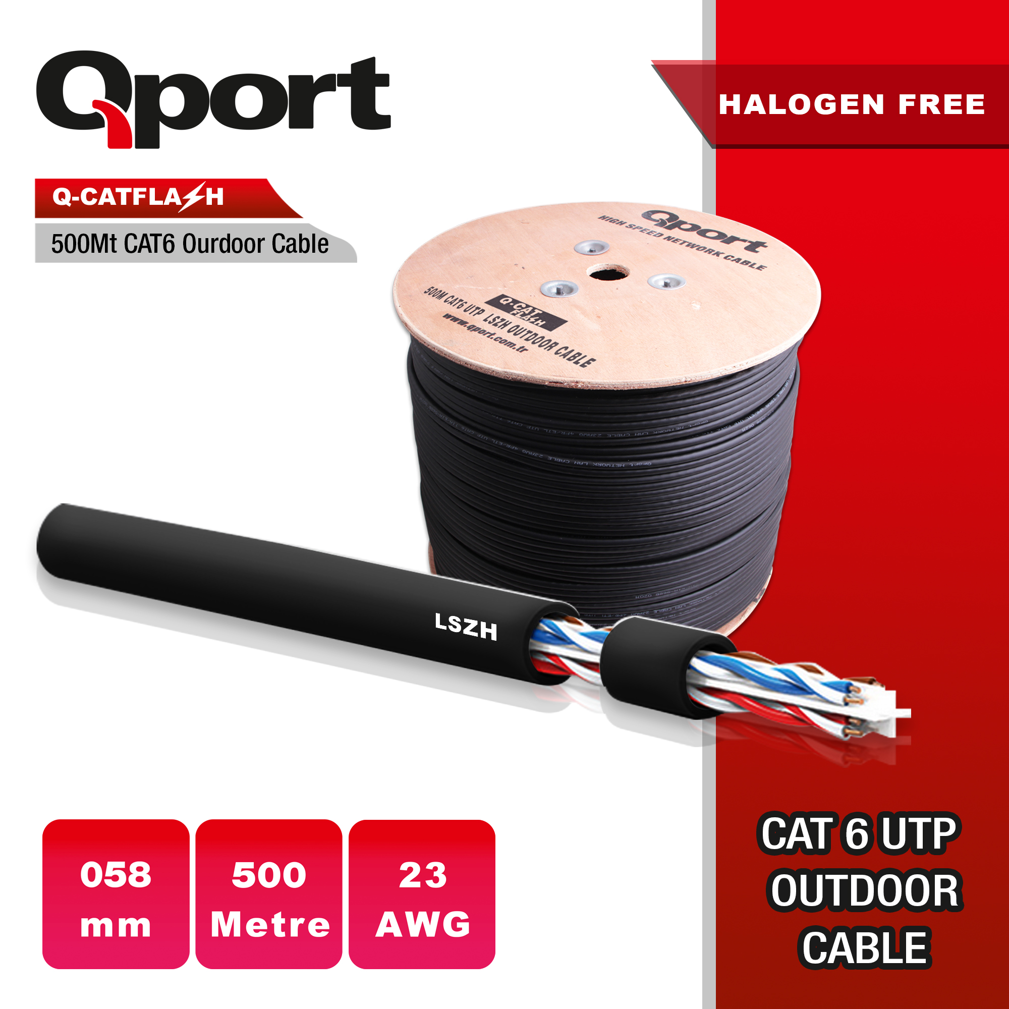 Qport 500 Metre Q-CATFLASH LSZH[Yanmaz] Cat6 0.58mm Outdoor Kablo - Q-CATFLASH