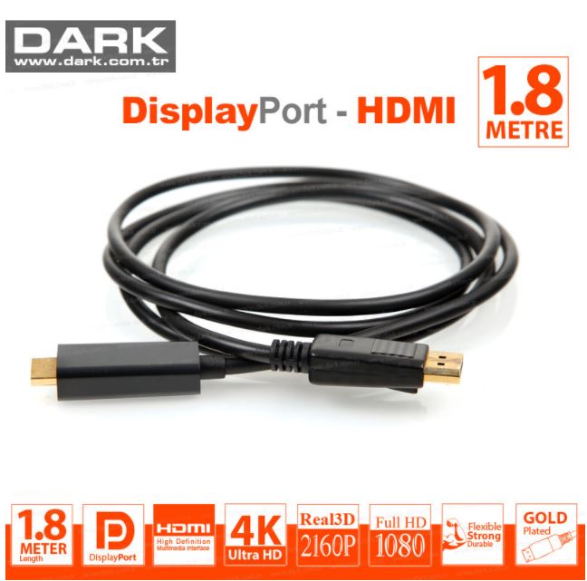 Dark 1.8 Metre Display Port to HDMI Kablo (Altın Uçlu 2160P) (DK-CB-DPXHDMIL180) - DK-CB-DPXHDMIL180