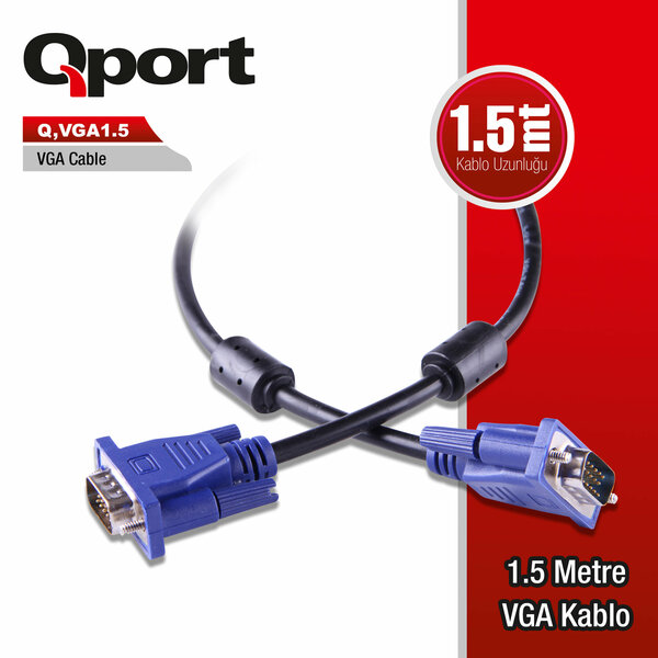 Qport 1.5 Metre 15Pin Filtreli VGA Kablo (Q-VGA1.5) - Q-VGA1.5
