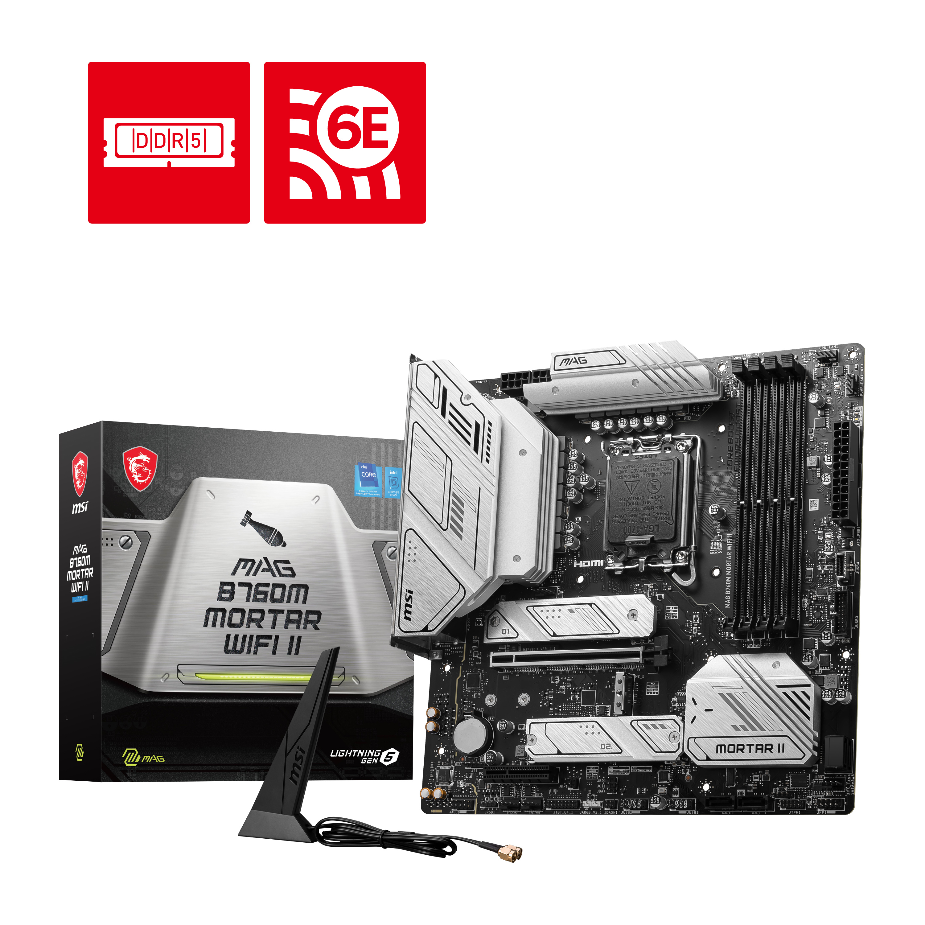 MSI MAG B760M MORTAR WIFI II 1700P DDR5 7800(OC) PCI-E Gen5 M.2 HDMI DP Wifi 6E - MAG B760M MORTAR WIFI II