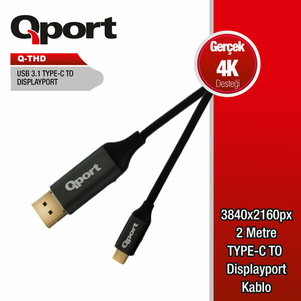 Qport 2 Metre Type-C To Dısplay Port 4K 60Hz Çevirici Kablo (Q-THD) - Q-THD