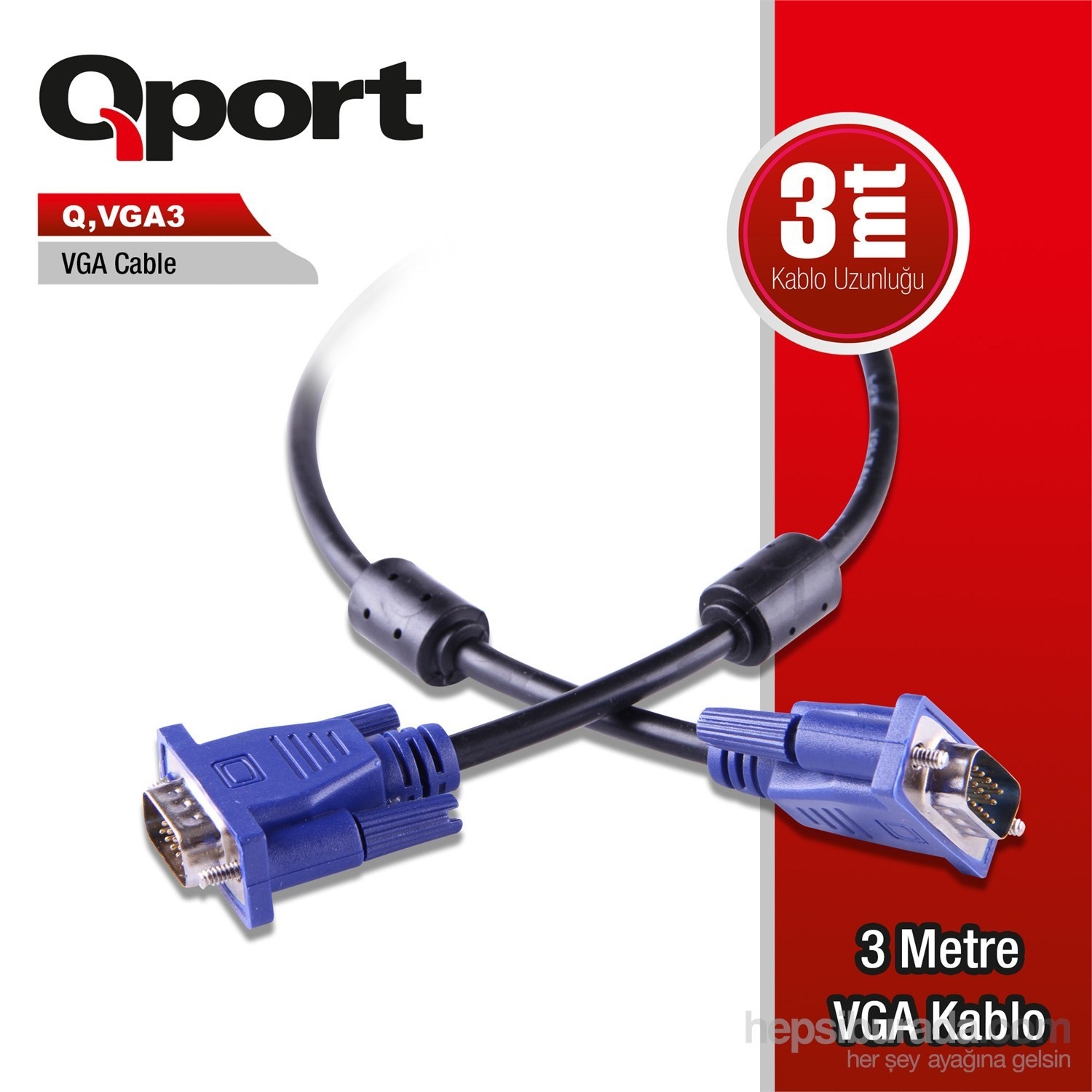 Qport 3 Metre 15Pin Filtreli VGA Monitör Kablosu (Q-VGA3) - Q-VGA3