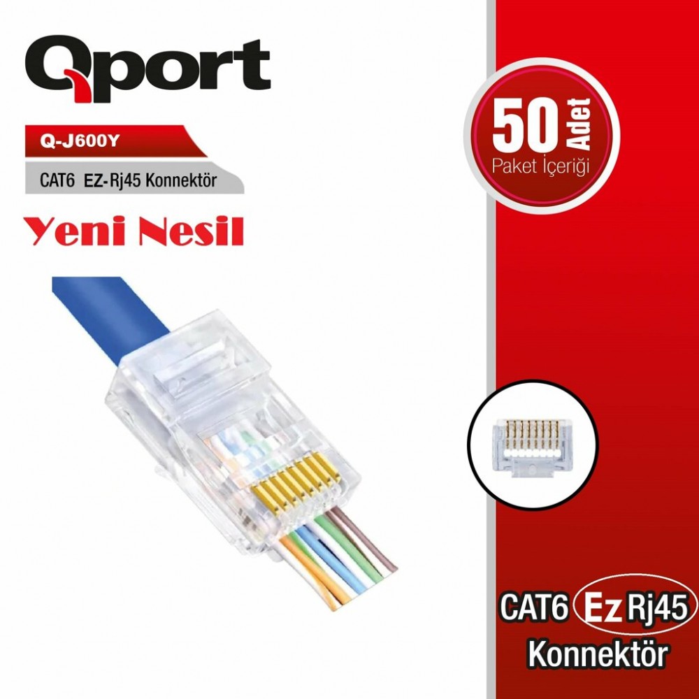 Qport Q-J600Y CAT6/CAT5 (50'Lik) EZ-RJ45 Yeni Nesil Delikli Konnektör - Q-J600Y