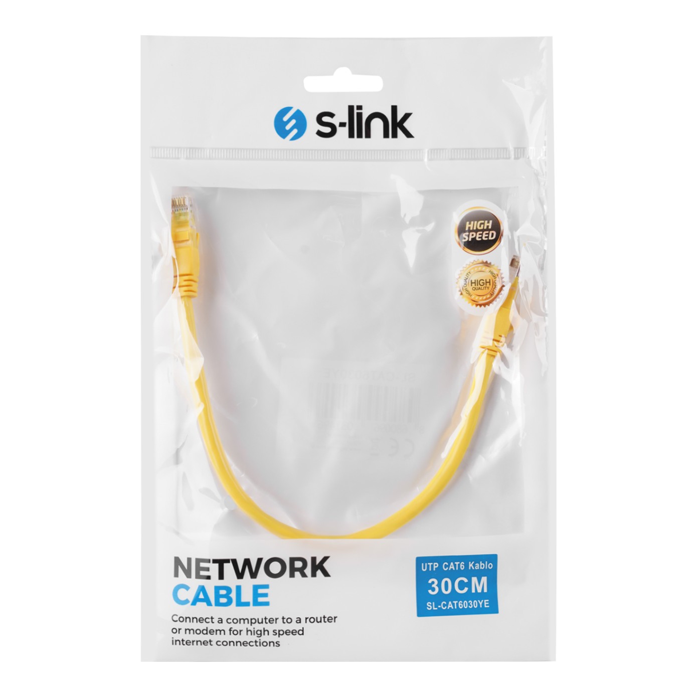 S-LINK SL-CAT6030YE 30cm Sarı CAT6 Patch Kablo - SL-CAT6030YE