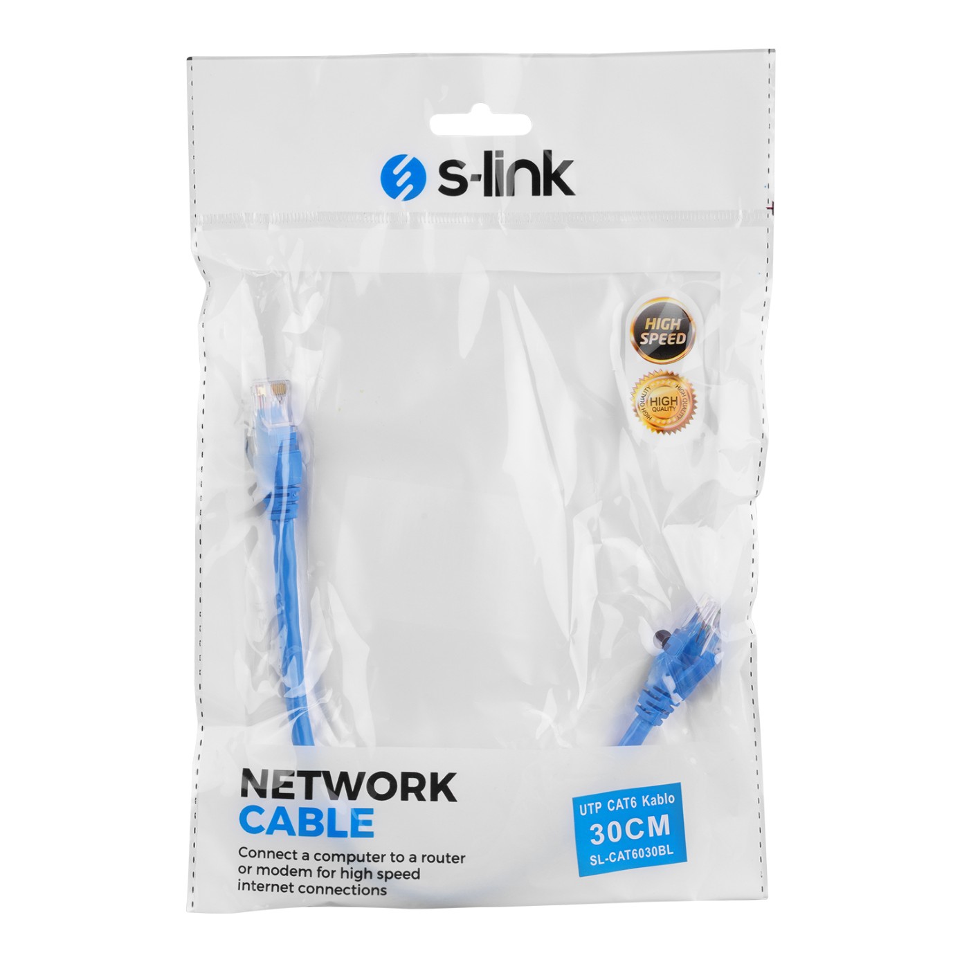 S-LINK SL-CAT6030BL 30cm Mavi CAT6 Patch Kablo - SL-CAT6030BL