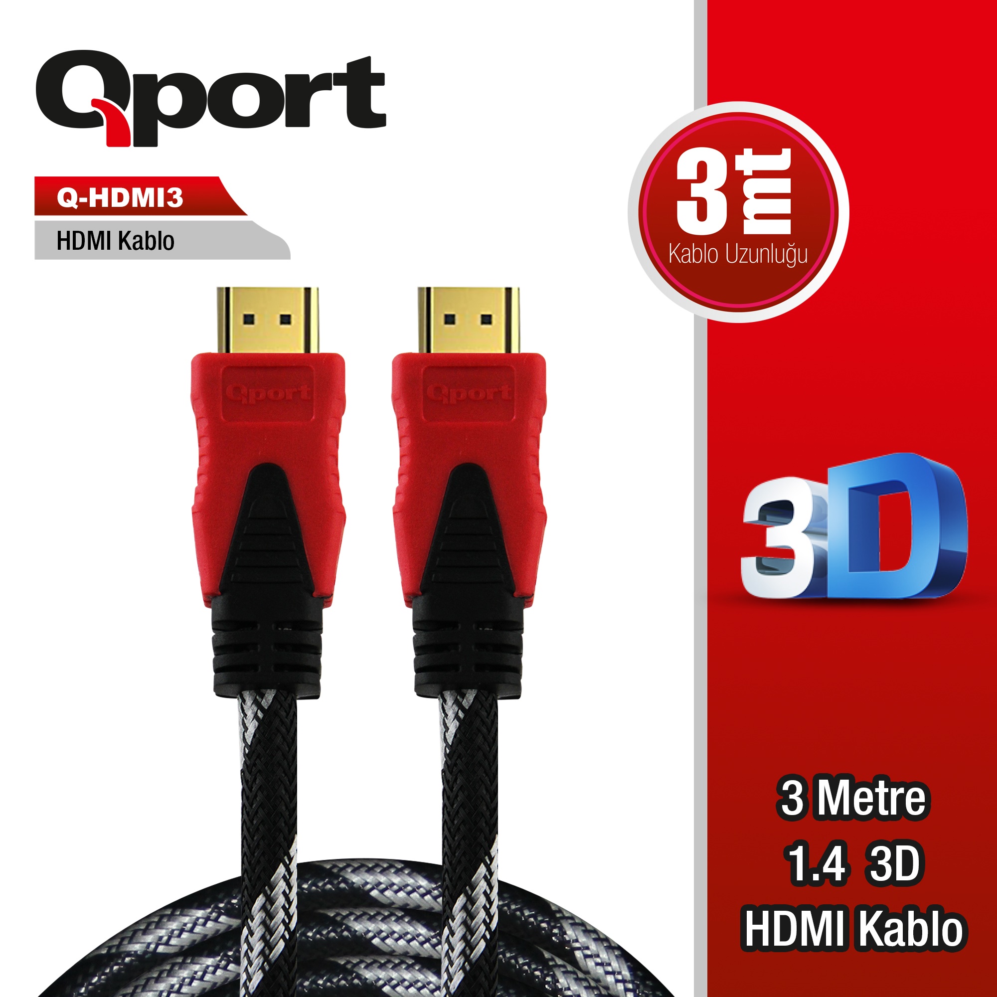 Qport 3 Metre Q-HDMI3 1.4 3D Altın Uçlu HDMI Kablo - Q-HDMI3