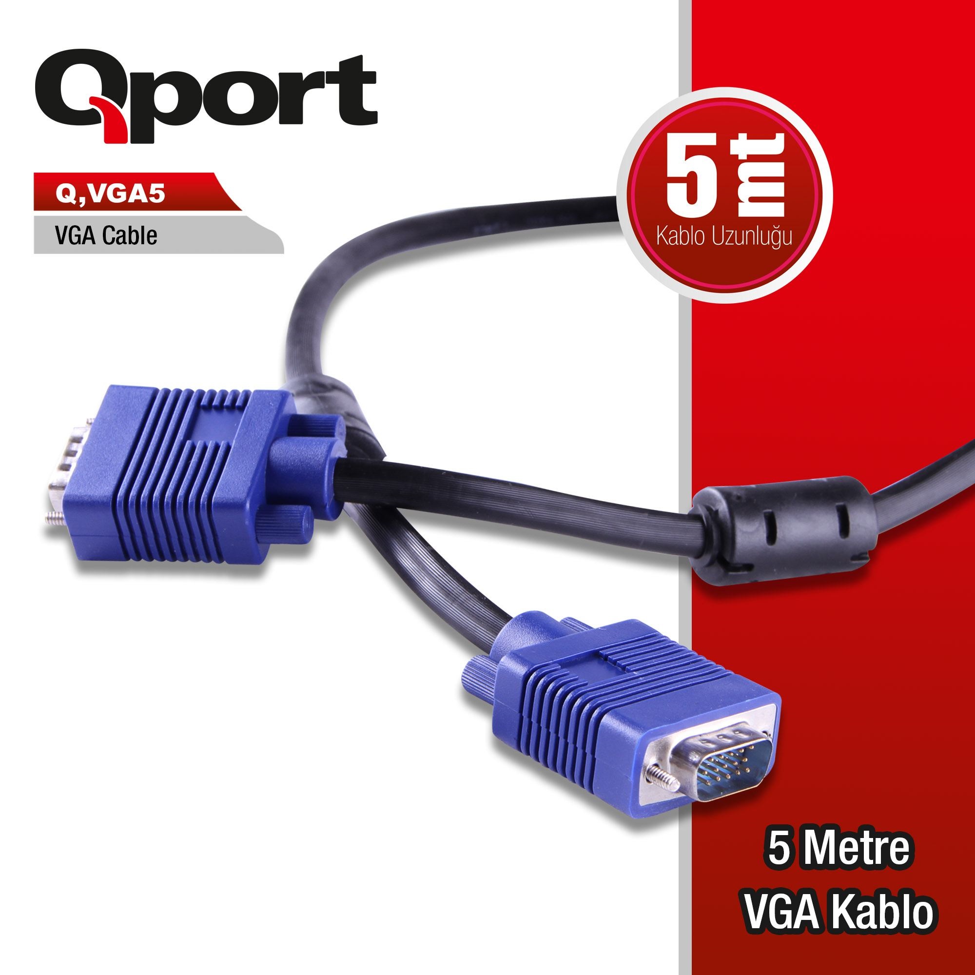 Qport 5 Metre 15Pin Filtreli VGA Monitör Kablosu (Q-VGA5) - Q-VGA5