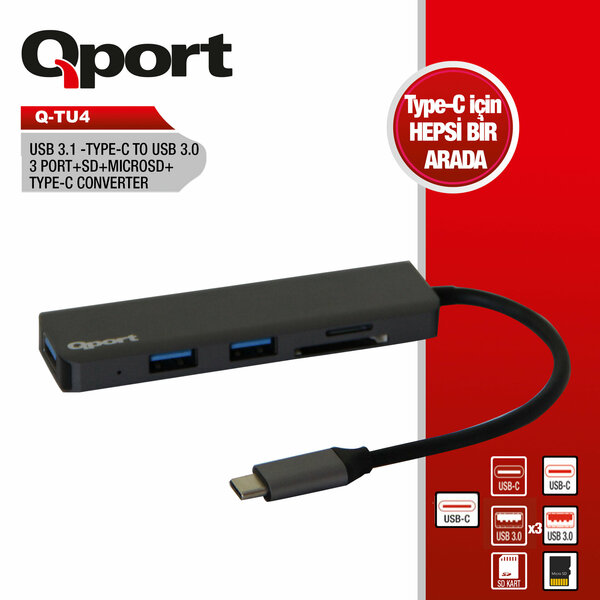 Qport Q-TU4 Type-C To USB 3.0 + SD + Mıcro SD Çevirici - Q-TU4