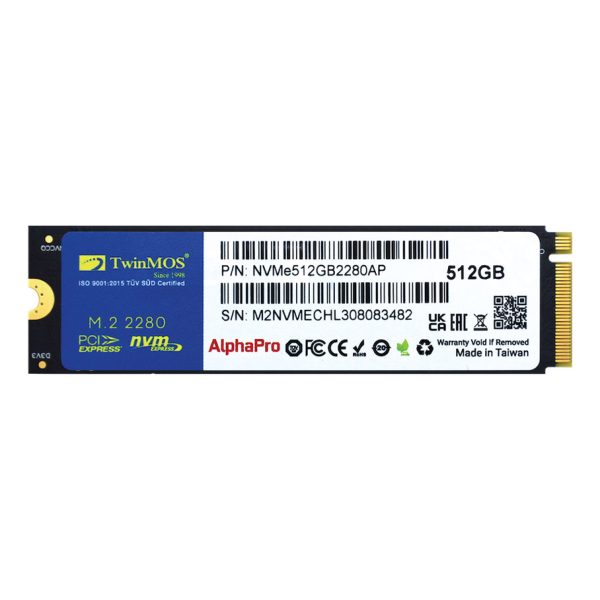TwinMOS 512GB M.2 PCIe Gen3 NVMe SSD (3600-3250Mb/s) TLC 3DNAND - NVMe512GB2280AP