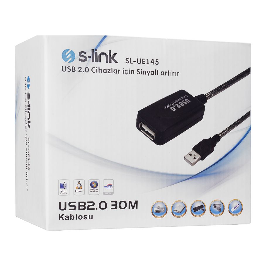 S-LINK SL-UE145 USB2.0 30m Şeffaf Uzatma Kablo - SL-UE145