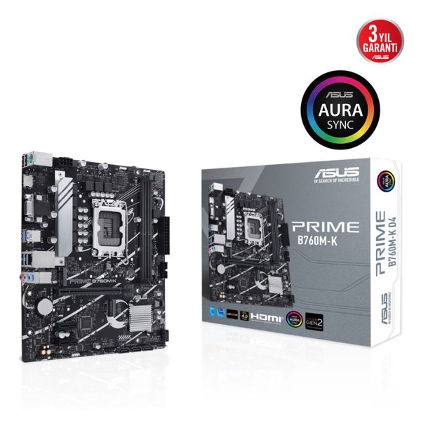 ASUS PRIME B760M-K LGA1700 DDR5 8000 Çift M2 USB3.2 AURA RGB 2.5Gbit LAN mATX - 90MB1FI0-M1EAY0