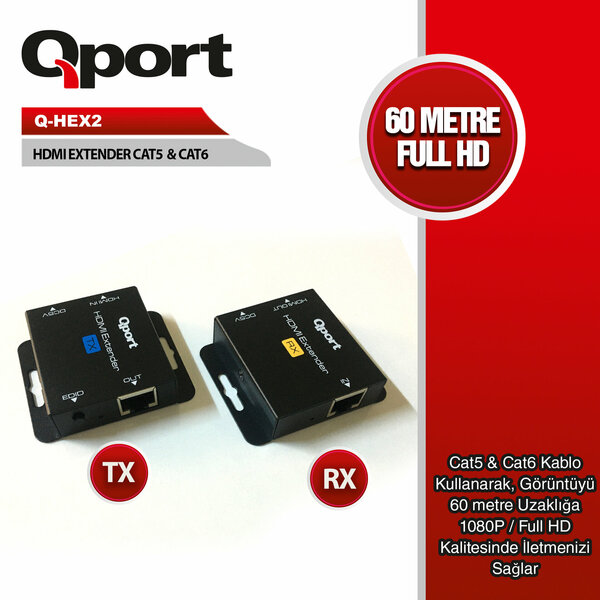 Qport 60 Metre HDMI Extender Cat6 60M 2'Lİ Paket (Adaptör Dahil) (Q-HEX2) - Q-HEX2