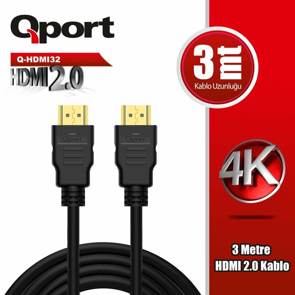 Qport 3 Metre 2.0 4K Altın Uçlu HDMI Kablo (Q-HDMI32) - Q-HDMI32