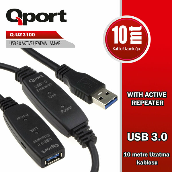 Qport 10 Metre USB 3.0 Aktif Uzatma Kablosu (Q-UZ3100) - Q-UZ3100