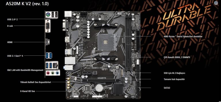 GIGABYTE A520M K V2 1.0 A520 DDR4 Vga GLan mATX HDMI M2 USB3.1 AM4 AMD Anakart - 33462