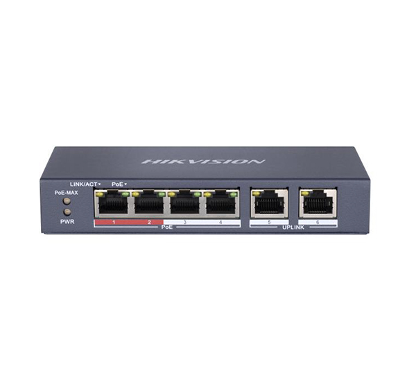 Hikvision DS-3E0106P-E/M 4 Port PoE (38W) 10/100Mbps + 2FE Uplink Switch - Net.Swi.Yone.0005