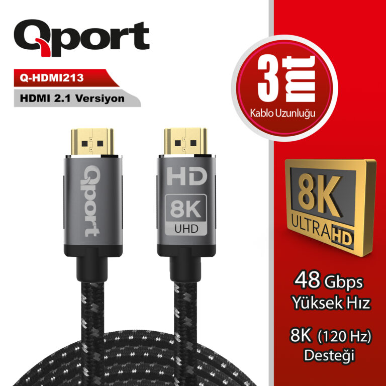 QPORT 3M HDMI 2.1V 8K ALTIN UÇLU ÖRGÜLÜ KABLO (Q-HDMI213) - Q-HDMI213