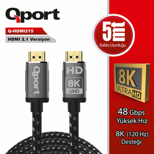Qport 5 Metre Q-HDMI215 2.1V 8K Altın Uçlu Örgülü HDMI Kablo (Q-HDMI215) - Q-HDMI215