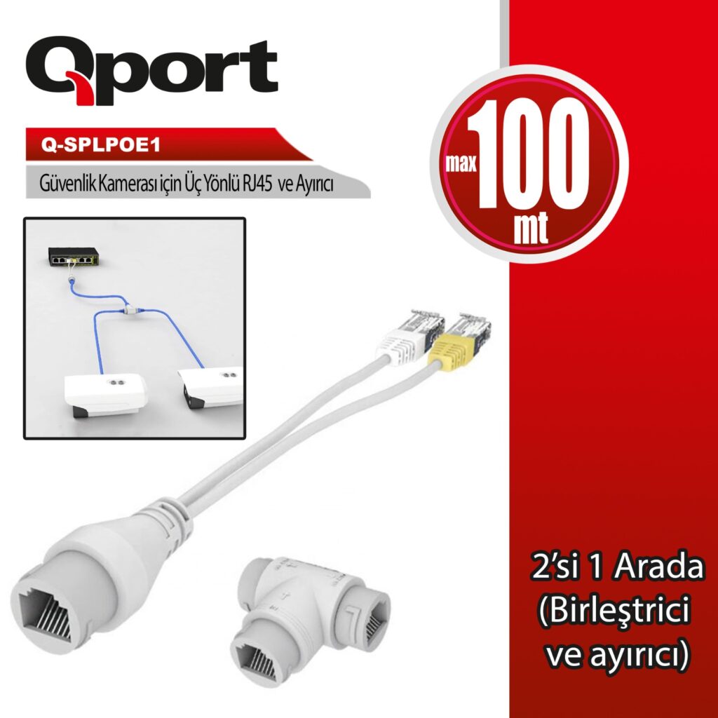 Q-PORT POE SPLITTER 2 in 1 Ağ Konnektörü + 3 Yollu RJ45 Konnektörü (Q-SPLPOE1) - Q-SPLPOE1