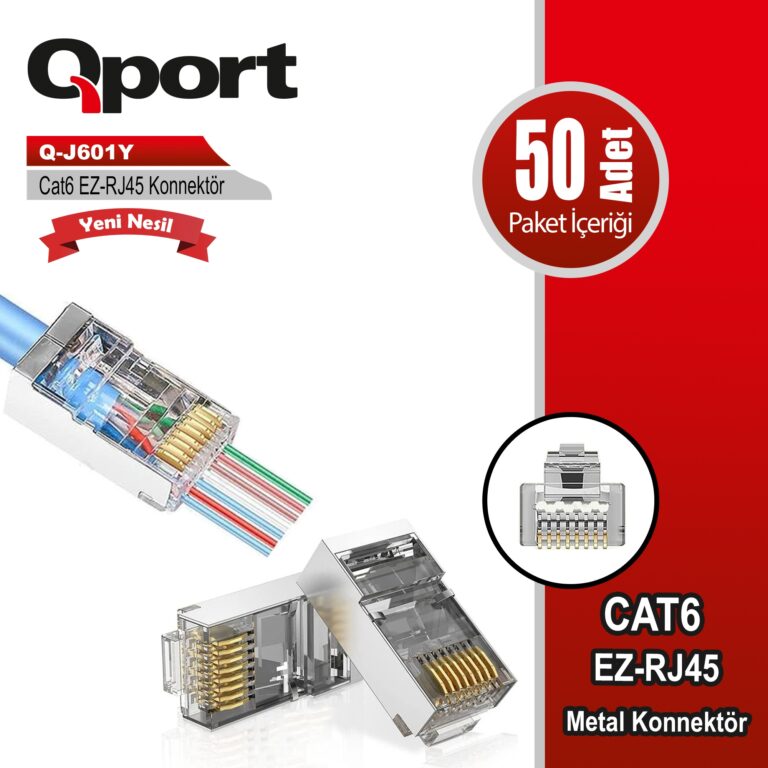 Qport Q-J601Y CAT6 (50'Lik) EZ-RJ45 Metal Yeni Nesil Delikli Konnektör - Q-J601Y