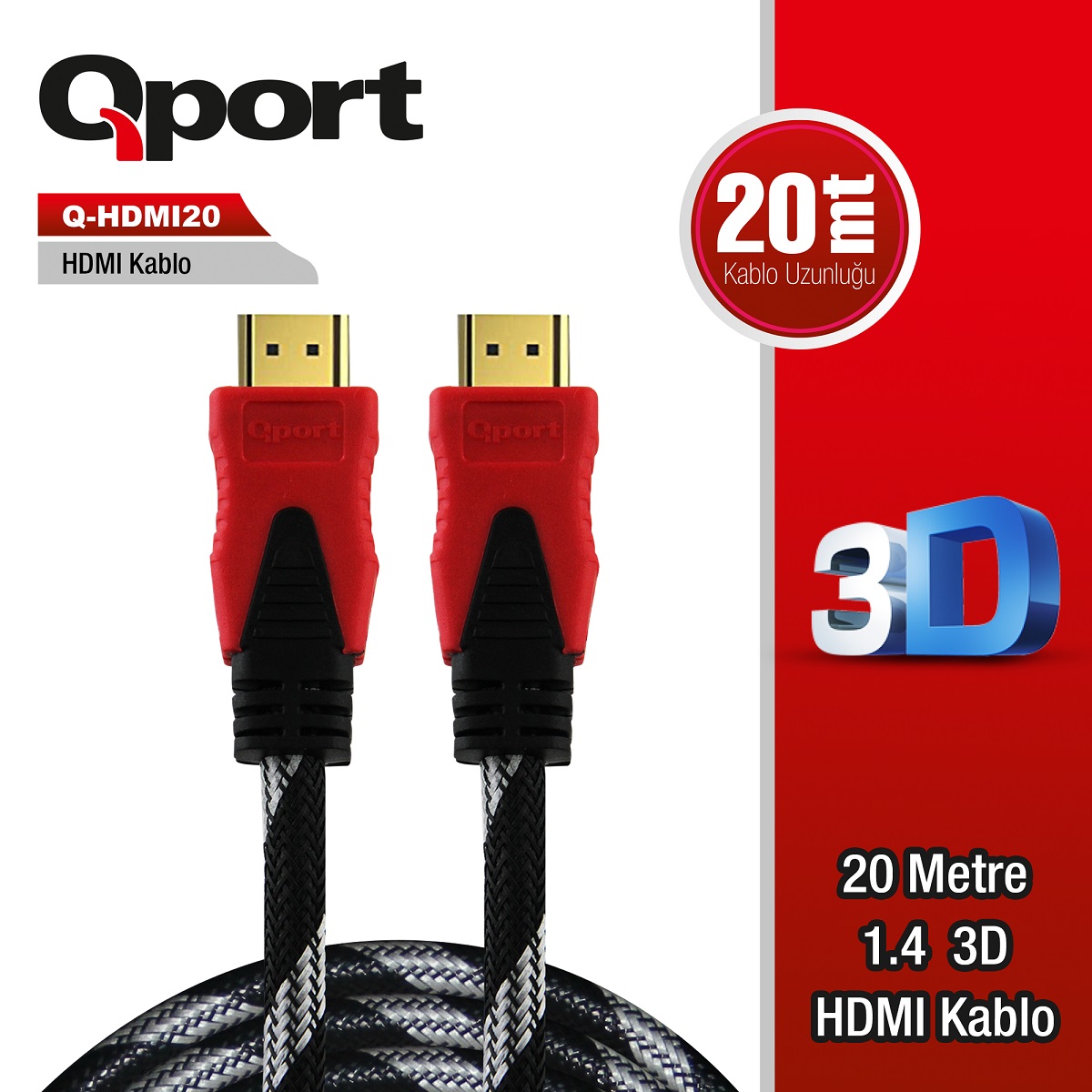 QPORT 20M ALTIN UÇLU HDMI KABLO 1.4V (Q-HDMI20)- Q-HDMI20 QPORT 20M ALTIN UÇLU HDMI KABLO 1.4V (Q-HDMI20) - Q-HDMI20