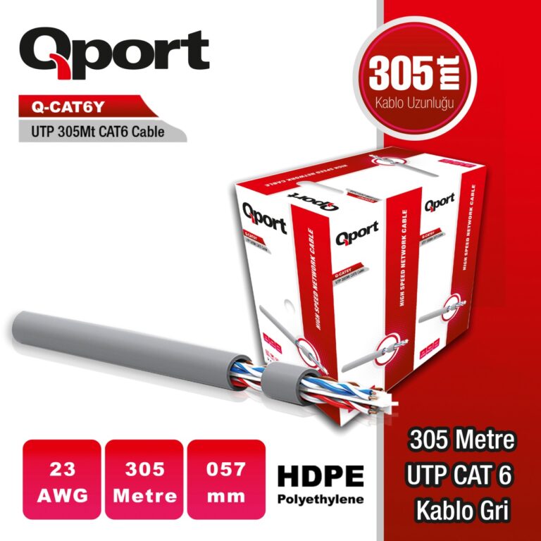 Qport 305 Metre Q-CAT6Y UTP CAT6 23 AWG PE CCA Gri Ethernet Kablosu - Q-CAT6Y