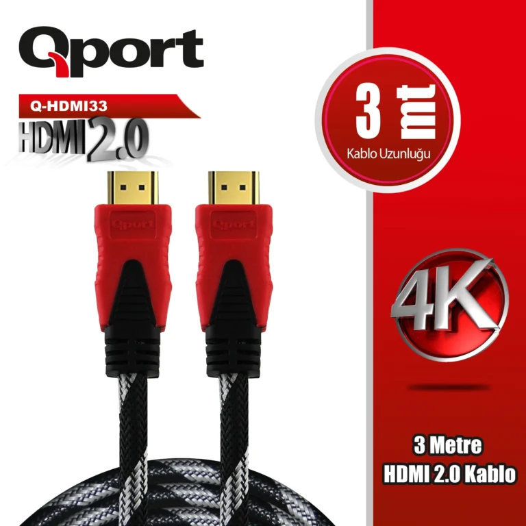 QPORT 3M 2.0V 4K 60HZ ALTIN UÇLU ÖRGÜLÜ HDMI KABLO (Q-HDMI33) - Q-HDMI33