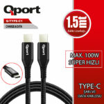 Qport Q-TYPE-C1 1.5 Metre Type-C 100W Süper Hızlı PD Şarj ve Data Kablosu - Q-TYPE-C1