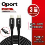 Qport Q-TYPE-C3  3 Metre Type-C 100W Süper Hızlı PD Şarj ve Data Kablosu - Q-TYPE-C3