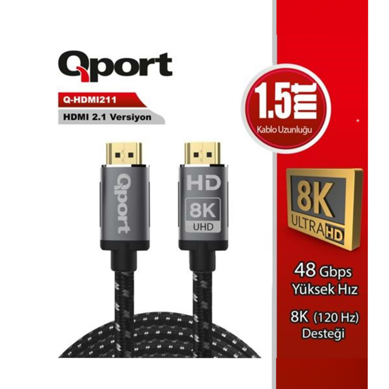 QPORT 10M HDMI 2.1V 8K ALTIN UÇLU ÖRGÜLÜ KABLO (Q-HDMI2110) - Q-HDMI2110