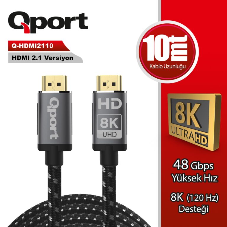 Qport 10 Metre 2.1V 8K Altın Uçlu HDMI Kablo (Q-HDMI2110) - Q-HDMI2110